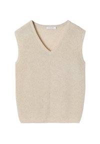 Beige ärmlös topp med V-ringning, stickad textur och rak fåll. Har centrala sömmar och en avslappnad, lös passform.