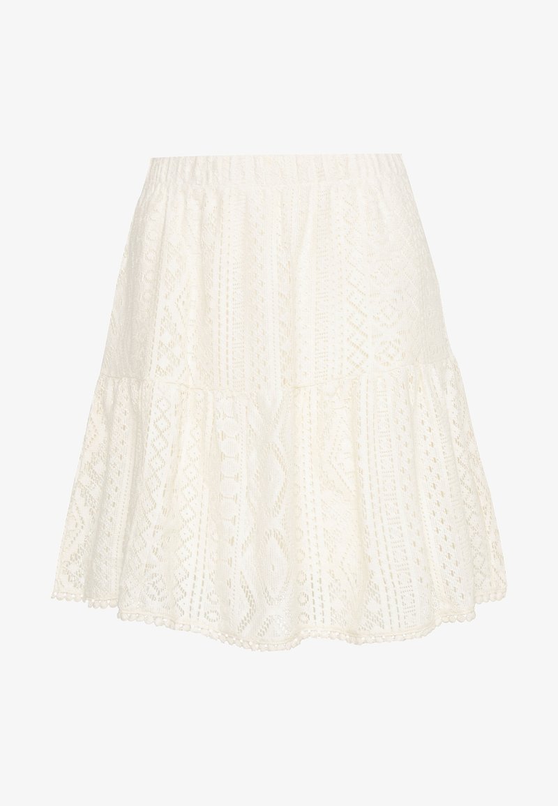 Jupe en dentelle blanche à design en plusieurs couches, taille élastique et motifs géométriques complexes partout.