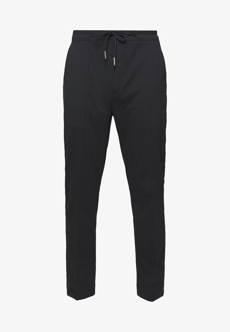Pantalon slim noir à fines rayures, taille élastique et cordon de serrage.