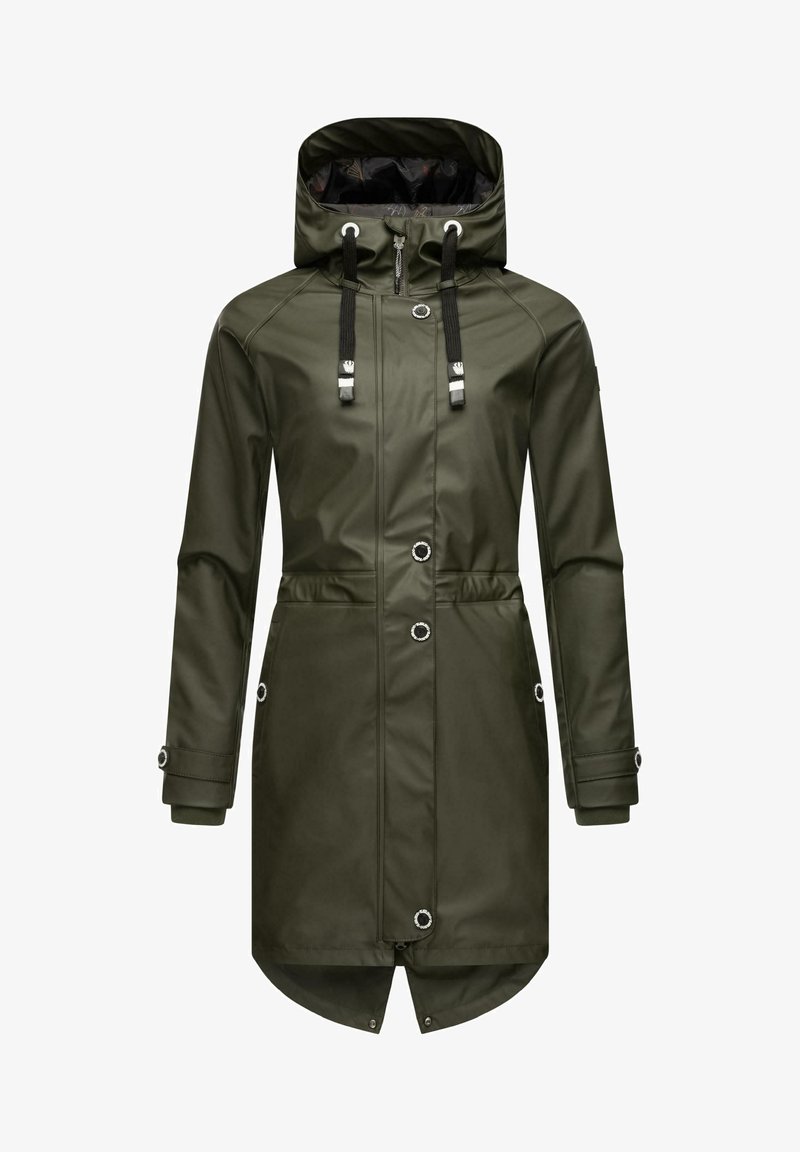 Olive green waterproof jacket with a hood, silver hardware, adjustable drawstrings, and a curved hem. Features snap buttons and side pockets.