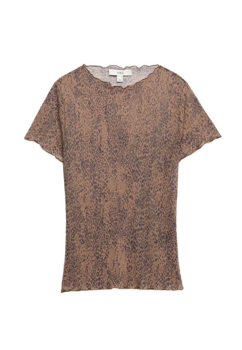 Top corto de manga corta marrón con un estampado de leopardo, hecho de tejido ligero. Presenta un escote con forma de olas y mangas ligeramente acampanadas.