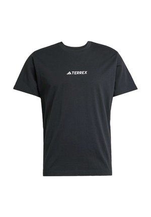 T-shirt en coton noir à manches courtes, col rond, avec le logo "TERREX" en blanc sur la poitrine. Design simple et classique sans motifs.