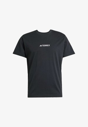 Schwarzes Baumwoll-T-Shirt mit kurzen Ärmeln, rundem Halsausschnitt und weißem "TERREX"-Logo auf der Brust. Einfaches, klassisches Design ohne Muster.