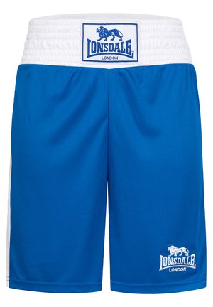 Mėlynos sportinės šortai su elastinga balta juosta, su logotipo žyme ir baltais šonais. Pagaminti iš lengvos medžiagos, lygi tekstūra.