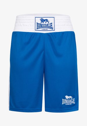 Niebieskie szorty sportowe z elastycznym białym pasem, z naszywką logo i białymi akcentami po bokach. Wykonane z lekkiego materiału, o gładkiej fakturze.