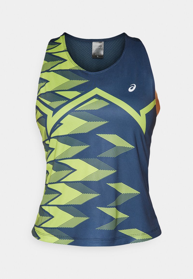 Top deportivo atlético en azul y verde con un patrón geométrico, escote redondo y tejido transpirable. Logo de Asics en el frente.