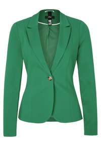 Zielona marynarka z wyłogowym kołnierzem, z pojedynczym zapięciem na guzik i długimi rękawami. Wykonana z gładkiego materiału o dopasowanym kroju.