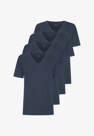Quattro t-shirt blu navy a scollo a V realizzate in tessuto morbido. Ogni maglietta ha maniche corte e un design semplice e classico senza motivi.