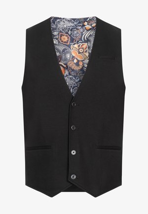 Czarna kamizelka z pięcioma guzikami, z wyłogami i dwiema przednimi kieszeniami. Podszewka w niebiesko-pomarańczowy wzór kwiatowy.