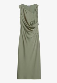 Robe sans manches élégante en satin vert olive clair, avec des détails drapés et des plis latéraux, présentant un léger éclat et une coupe mi-cuisse.