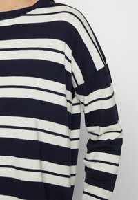 Chemise à manches longues rayée bleu marine et blanche avec de larges rayures horizontales et un col rond, portée par une personne sur un fond uni.