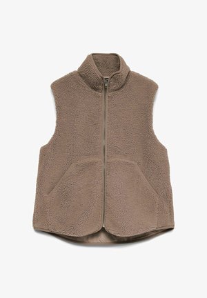 Barna ujjatlan polár mellény elülső cipzárral, magas gallérral és két ferdén elhelyezkedő elülső zsebbel, fehér háttéren.