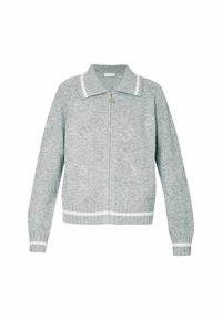 Cardigan grigio lavorato a maglia con zip, caratterizzato da un design con colletto, orli a coste e accenti bianchi. Motivo logo sottile su tutta la superficie.