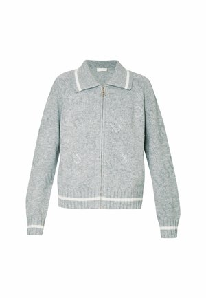 Cardigan grigio lavorato a maglia con zip, caratterizzato da un design con colletto, orli a coste e accenti bianchi. Motivo logo sottile su tutta la superficie.