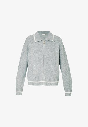 Cardigan grigio lavorato a maglia con zip, caratterizzato da un design con colletto, orli a coste e accenti bianchi. Motivo logo sottile su tutta la superficie.