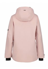 Giacca impermeabile rosa con cappuccio, caratterizzata da una texture liscia, maniche lunghe e dettagli neri sui polsini. Vista posteriore.