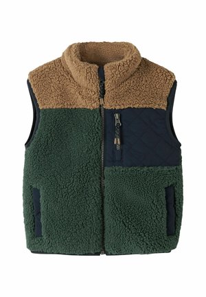 Veste sans manches en polaire marron et vert foncé avec fermeture éclair à l’avant, panneau matelassé bleu marine sur la poitrine et poche poitrine zippée.