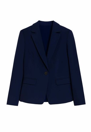Blazer blu navy in tessuto liscio, con chiusura a singolo bottone, rever a incavo e due tasche frontali. Design semplice e strutturato.