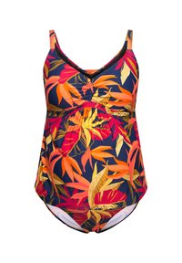 Maillot de bain marine foncé avec un motif tropical de feuilles vibrantes orange, rose et jaune. Bretelles élastiques, devant froncé, bas évasé, texture lisse.
