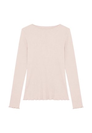Light beige long-sleeve ribbed top with round neckline and scalloped edges on sleeves and hem.