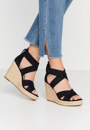 Fødder iført sorte sandaler med stropper og kilehæl med flettede hæle, kombineret med blå korte jeans med flossede kanter og sidelommer.