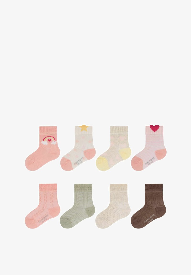 Otto paia di calzini corti in colori pastello. Caratteristiche includono fantasie, cuori, stelle e diverse trame. Realizzati in materiale morbido.