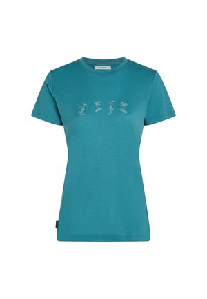 Teal short-sleeve t-shirt with four light blue winter sports icons across the chest: skiing, snowboarding, and skiing with poles.