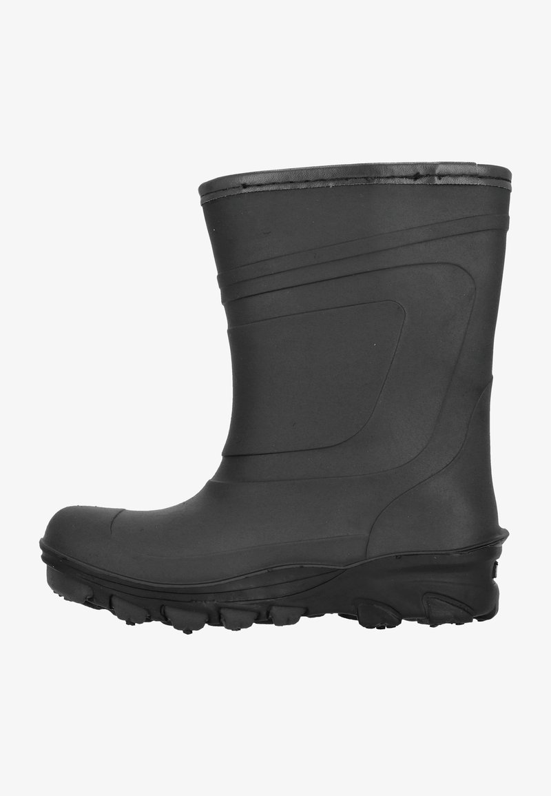 Botte de pluie en caoutchouc noir avec finition texturée, forme courbée et bord supérieur renforcé. Elle dispose d'une semelle à crampons épaisse pour une meilleure adhérence.