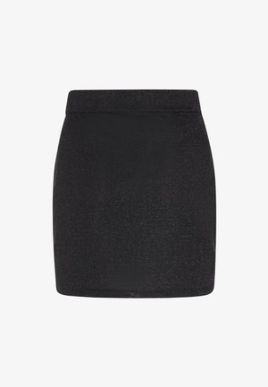 Črna mini krilo z teksturirano tkanino, ki ima prilega silhueto in gladek pas. Brez vidnih vzorcev ali dodatkov.