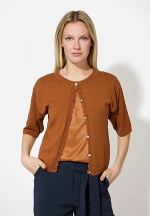 Brown knitted cardigan with short sleeves, featuring a scalloped button placket and shiny buttons, worn over a tan satin top.