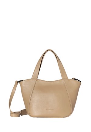 Borsa in pelle color tan con silhouette curvata, doppi manici e tracolla regolabile. Presenta una chiusura laterale con zip e dettagli di cucitura sottile.