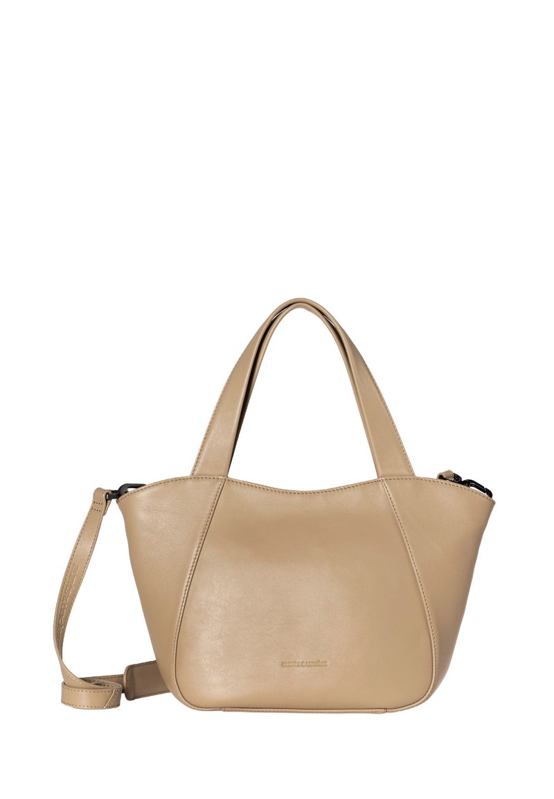 Tasche aus braunem Leder mit geschwungener Silhouette, zwei Griffen und einem verstellbaren Schultergurt. Verfügt über einen seitlichen Reißverschluss und dezente Nähte.