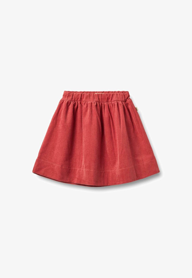 Jupe en velours côtelé rouge avec une taille élastique, design froncé, longueur mi-genou avec un ourlet lisse, présentant une texture de côtes verticales subtiles.
