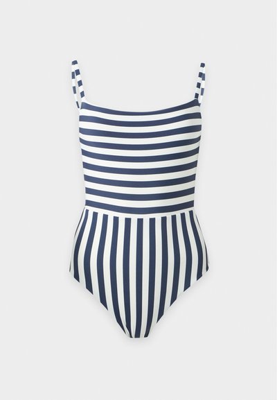 Maillot de bain une pièce rayé bleu marine et blanc avec des rayures horizontales sur le haut et des rayures verticales sur le bas, fines bretelles.