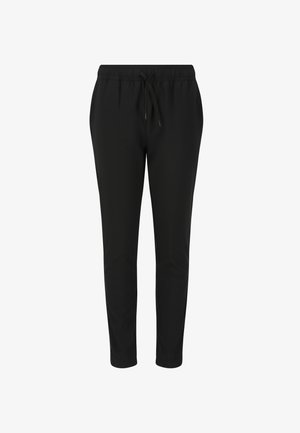 Mustat jogginghousut, joissa on elastinen vyötärö ja nauhakuja. Muotoiltu malli, jossa on sileä kangas ja vähäiset ompeluyksityiskohdat. Rentoa muotoilua.