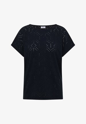 Schwarze Bluse mit kurzen Ärmeln, kleinem geometrischem Lochmuster und rundem Ausschnitt, am Kragen mit dem Etikett "CECIL".