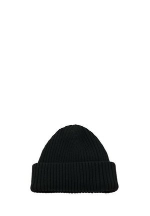 Gorro negro de punto acanalado con puño doblado, que muestra un patrón texturizado y parte superior redondeada, adecuado para usar en clima frío.