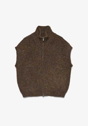 Bruine gebreide vest met een hoge kraag, korte mouwen en een rits aan de voorkant. Gelaagd patroon met multikleurige spikkels door het hele vest.