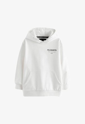 Hvid hættetrøje med et stort sort "ALLSAINTS" logo på ryggen, som har yderligere tekst på japansk og "LONDON." Blødt stof, afslappet design.