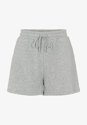 Pantaloni corti grigi in cotone con vita elastica e cordino regolabile, caratterizzati da una texture liscia e una vestibilità rilassata.