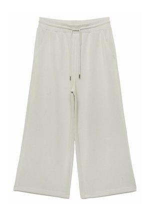 Pantaloni larghi grigi chiari realizzati in materiale morbido, con vita elastica, cordino e due tasche laterali.