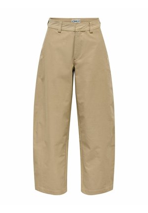 Pantalon beige taille haute à jambes larges avec passants pour ceinture et une petite étiquette indiquant ONLY au niveau de la ceinture arrière.