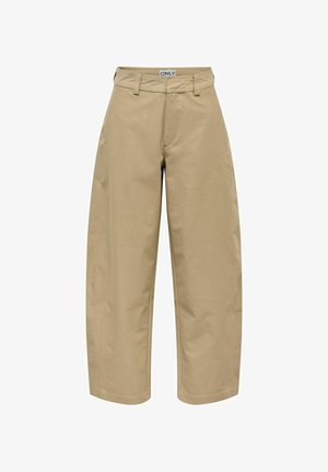 Pantalon beige taille haute à jambes larges avec passants pour ceinture et une petite étiquette indiquant ONLY au niveau de la ceinture arrière.