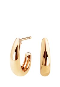Złote kolczyki w kształcie kółek o gładkim, wypolerowanym wykończeniu. Charakteryzują się zakrzywionym kształtem i bezpiecznym zapięciem, podkreślając nowoczesną estetykę.