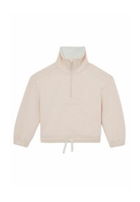 Pullover rosa chiaro con alto colletto, chiusura frontale a metà zip, maniche lunghe arricciate e orlo con coulisse. Tessuto morbido e liscio.