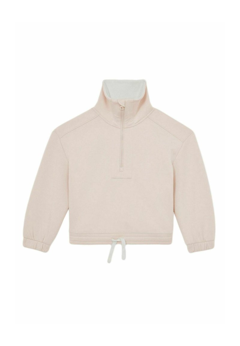 Pullover rosa chiaro con alto colletto, chiusura frontale a metà zip, maniche lunghe arricciate e orlo con coulisse. Tessuto morbido e liscio.