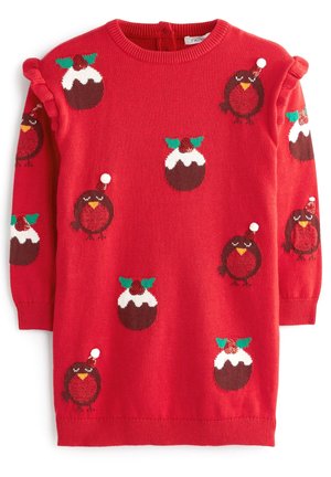 Robe-pull rouge pour enfants avec motifs de pudding de Noël et de rouge-gorge, ornée de pompons et de détails à volants sur les épaules.