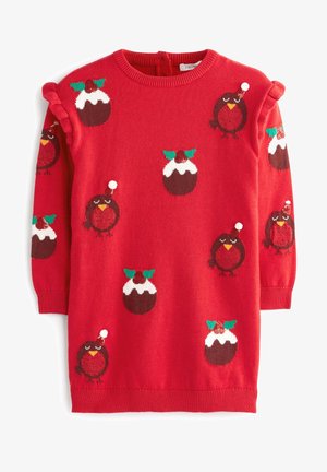 Robe-pull rouge pour enfants avec motifs de pudding de Noël et de rouge-gorge, ornée de pompons et de détails à volants sur les épaules.