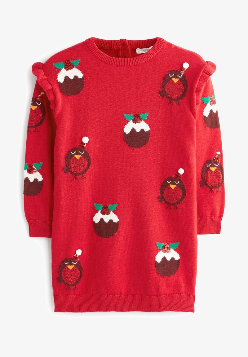 Robe-pull rouge pour enfants avec motifs de pudding de Noël et de rouge-gorge, ornée de pompons et de détails à volants sur les épaules.