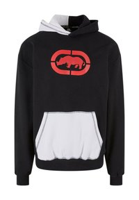 Zwarte hoodie met een witte voorzak, voorzien van een groot rood neushoornlogo. Contrasterend wit paneel in de capuchon en stikdetails.